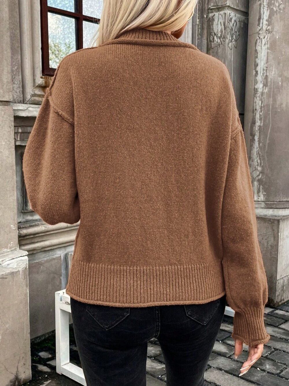 Coffee Brown Casual Women's Pocket Loose Crew Neck Long Sleeve Sweater Top - Picture 2 of 6